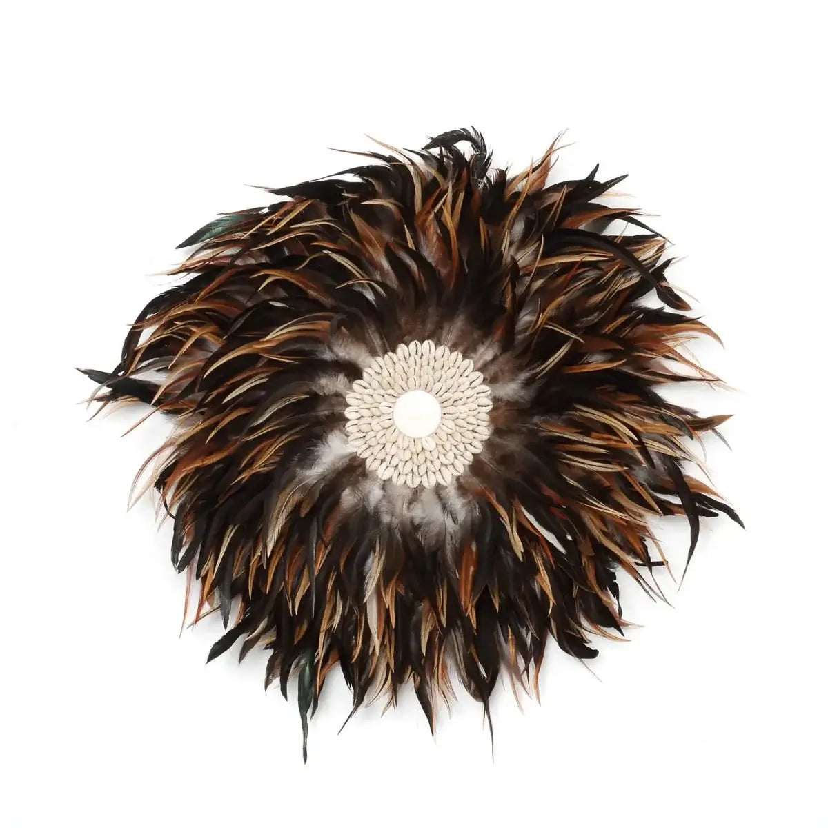 Bohemian wall display with brown feathers and shell centerpiece by Bazar Bizar, ideal for indoor or outdoor decor.