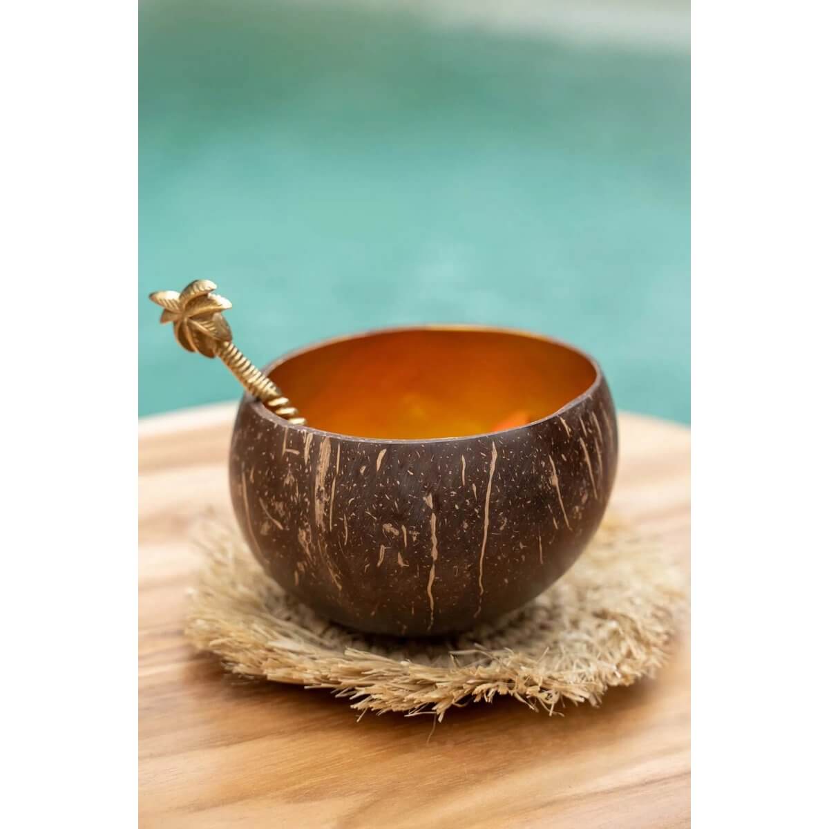 Bohemian-style Coco Food Bowl made from natural coconut, perfect for breakfast and smoothie creations, adding a tropical touch to your table.