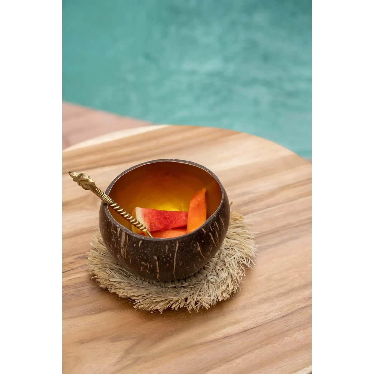 Coconut bowl with fruit on Bohemian Fringe Raffia Coaster by a pool; perfect for stylish indoor and outdoor table settings.