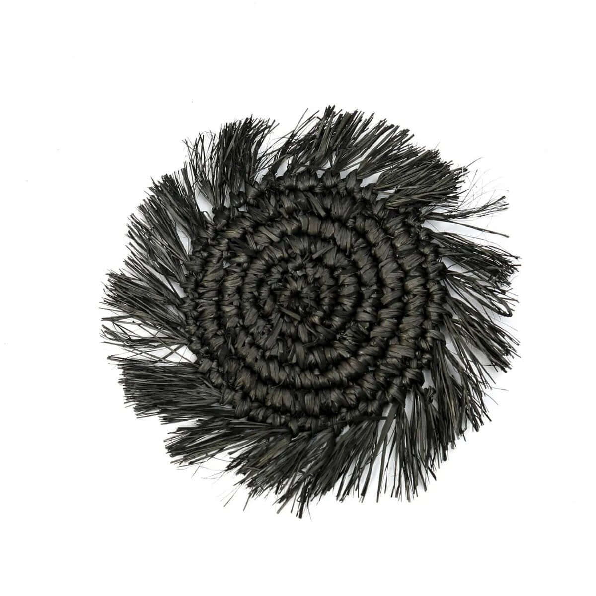 Bohemian black raffia coaster from Bazar Bizar, perfect for any style, 10cm wide, adds chic touch to table settings.
