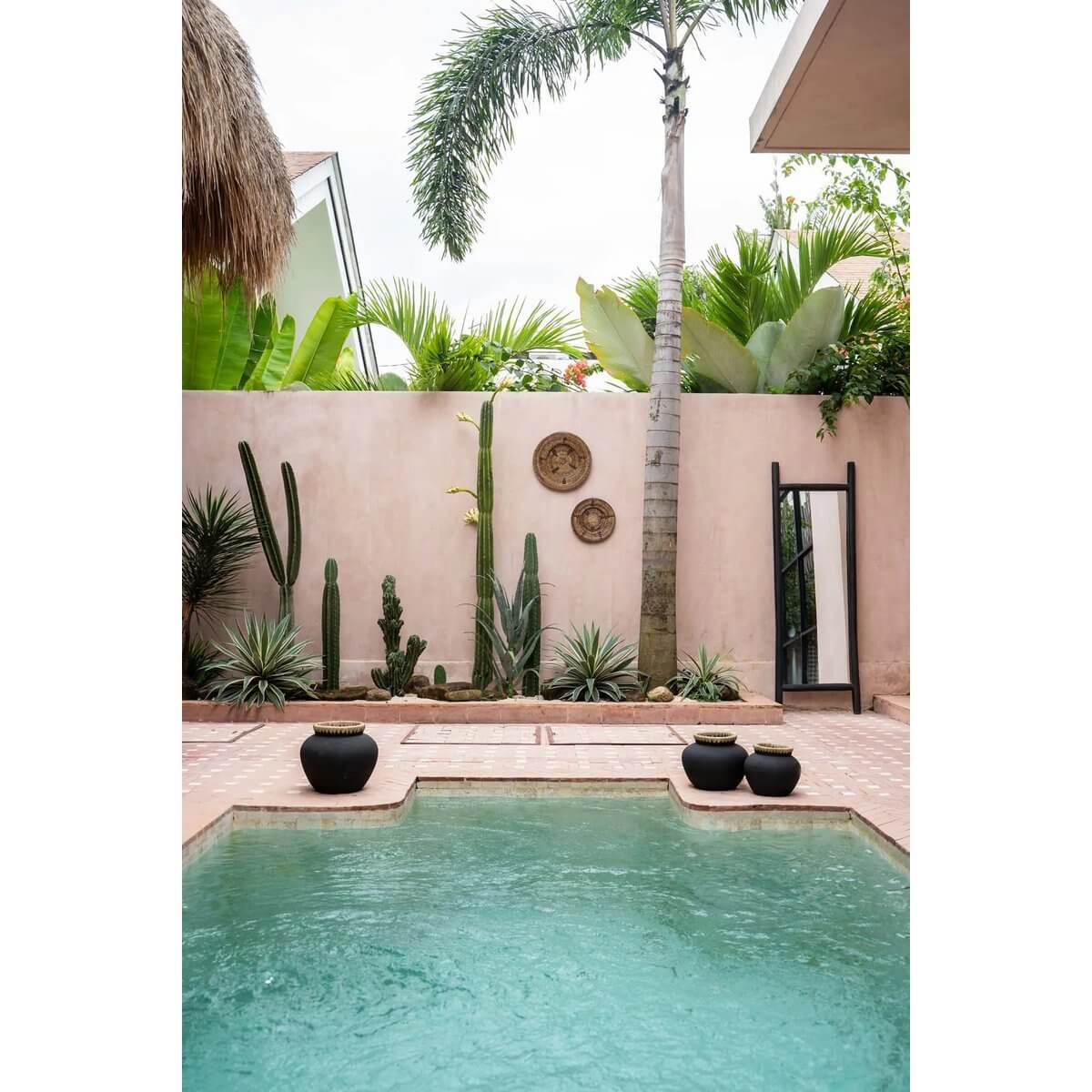 Tropische tuin met zwembad en decoratieve rotan borden aan de muur, omringd door palmbomen en cactussen voor een exotische sfeer.