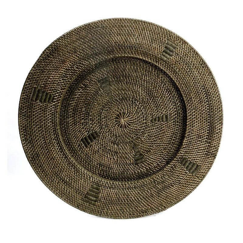 Bruin en zwart handgeweven rotan bord, XL, met grafische details, perfect als etnisch wanddisplay. Bazar Bizar Living.