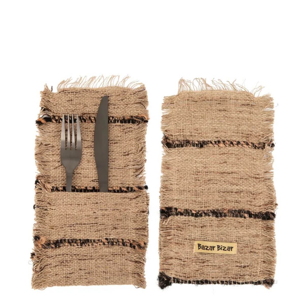 Bohemian-style beige and black cutlery holders made from soft cotton with luxe silk-look, perfect for adding elegance to your table setting.
