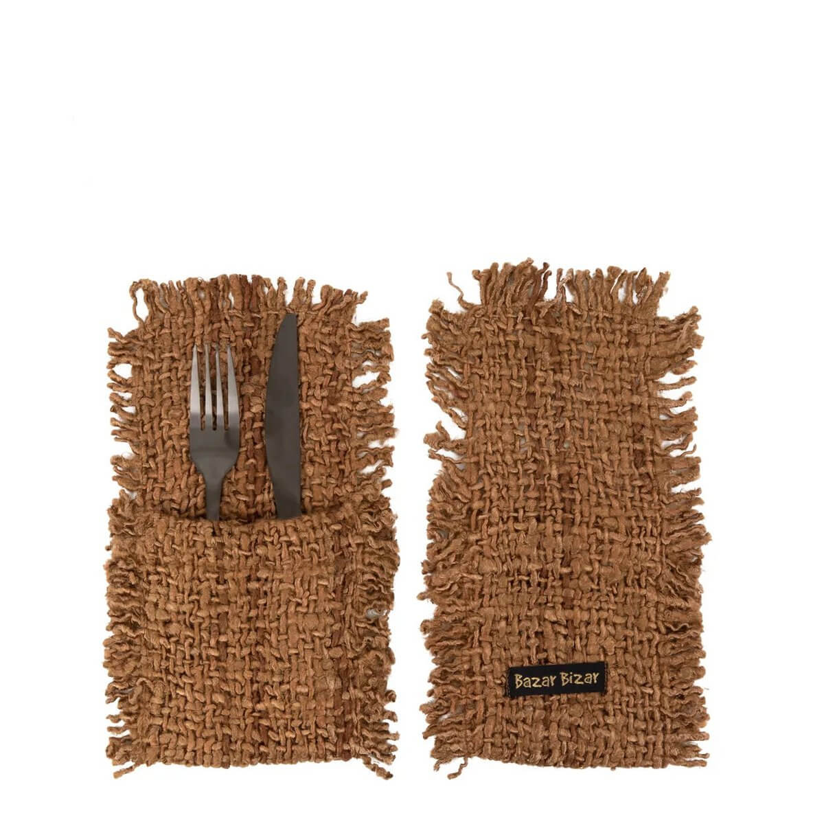 Alt Tag: Set van 4 Bohemian bruine bestekhouders met geweven textuur voor een luxe uitstraling op de eettafel. Bestek niet inbegrepen.