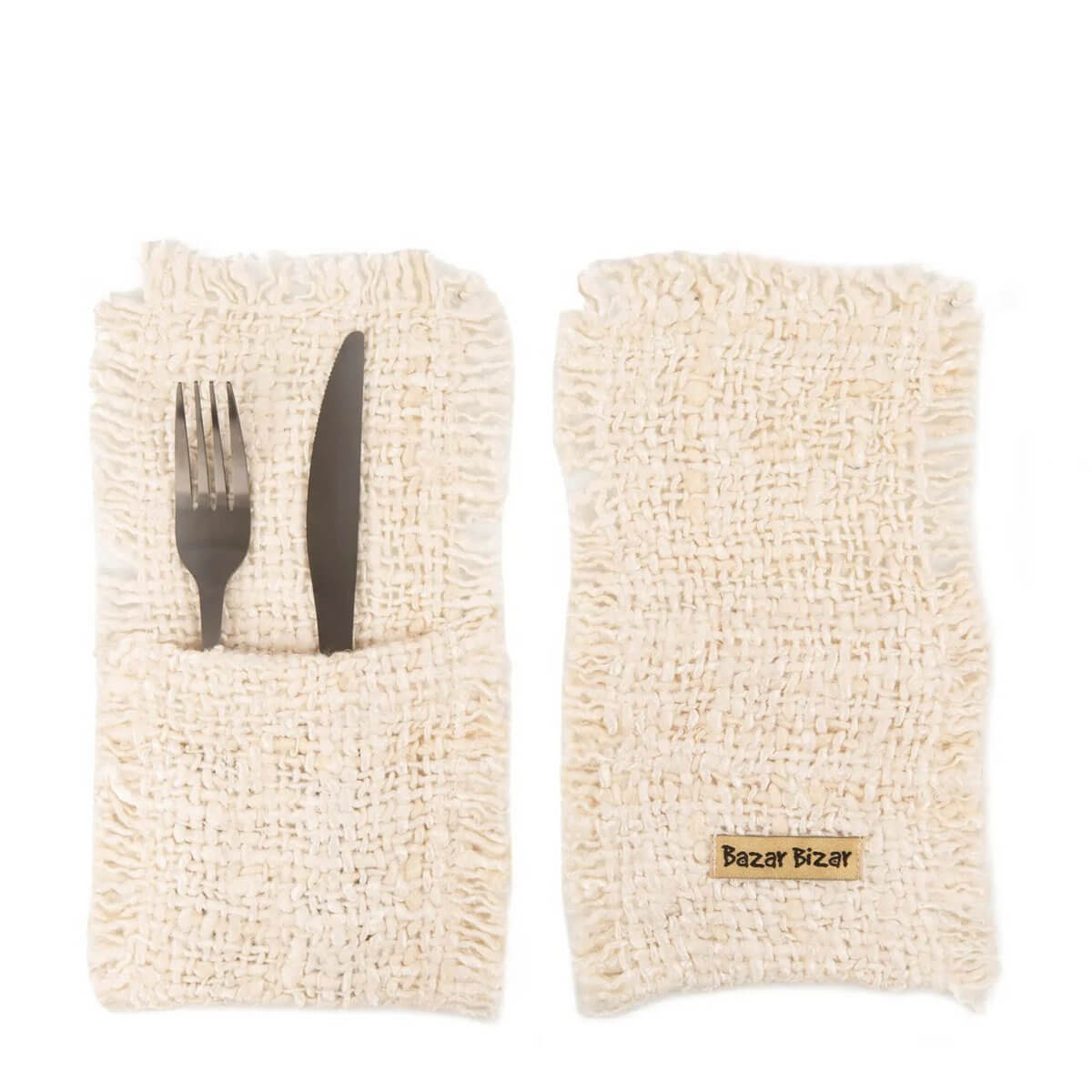 Bohemian-inspired crème cotton cutlery holders, set of 4, adding luxury and a unique touch to any dining table.