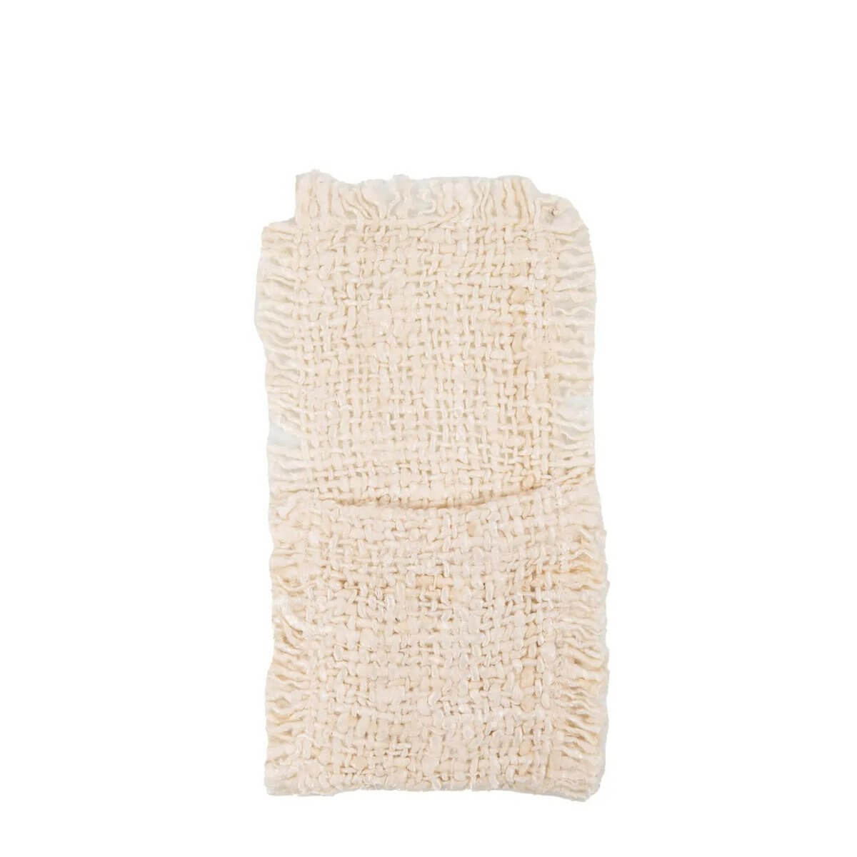 Bohemian style crème bestekhouder set of 4, luxury cotton with silk look. Handcrafted textile for elegant dining table presentation.