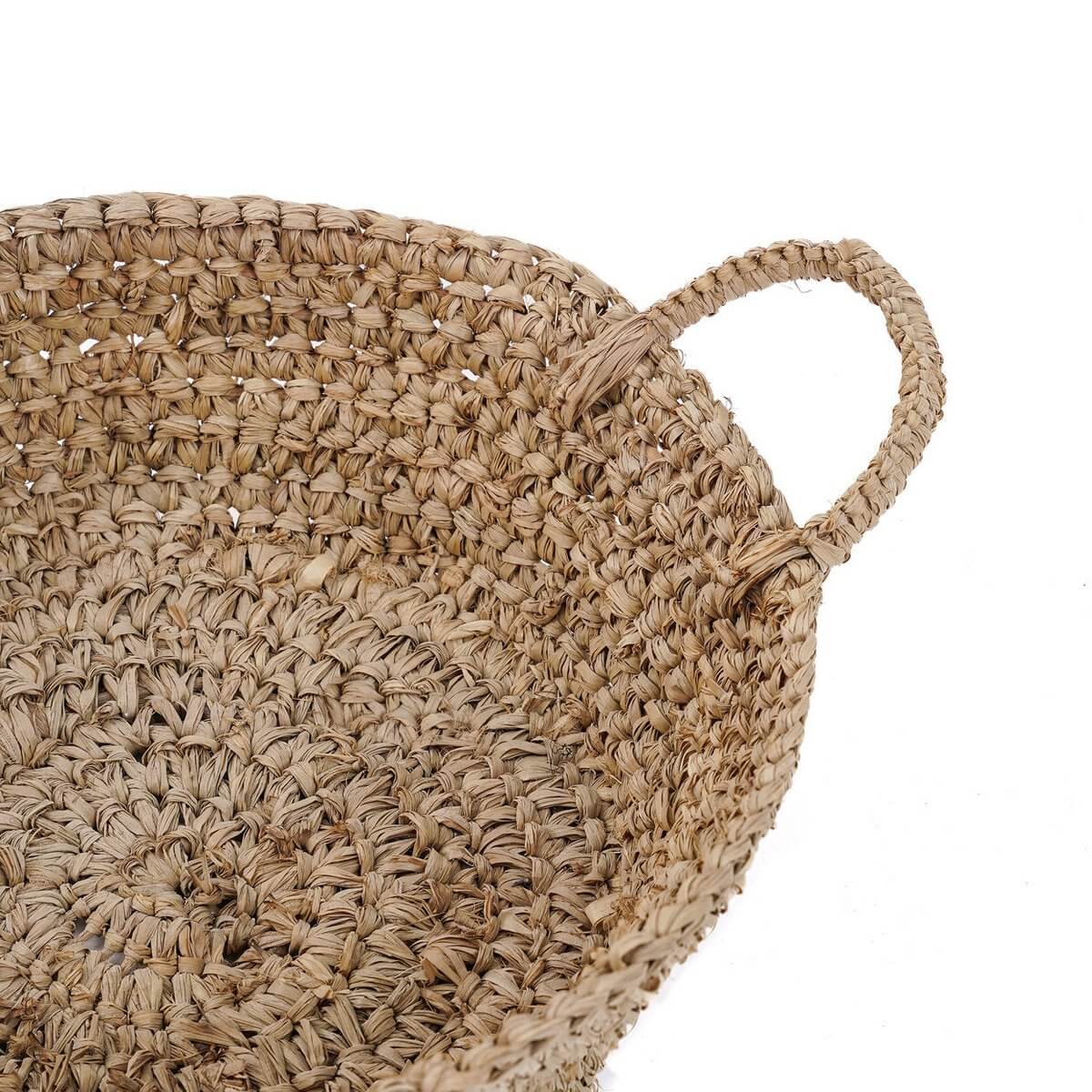 Bohemian Raffia Basket Tray in natural tone, perfect for adding rustic elegance to small spaces. Brand: Bazar.