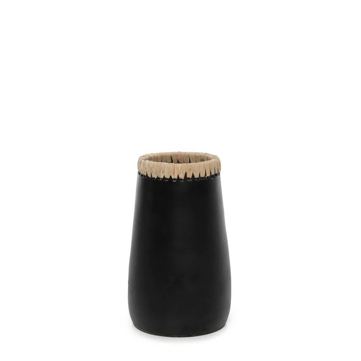 The Sneaky Vase in black natural terracotta with raffia trim, ideal for a Bohemian touch in any living room or bathroom decor.