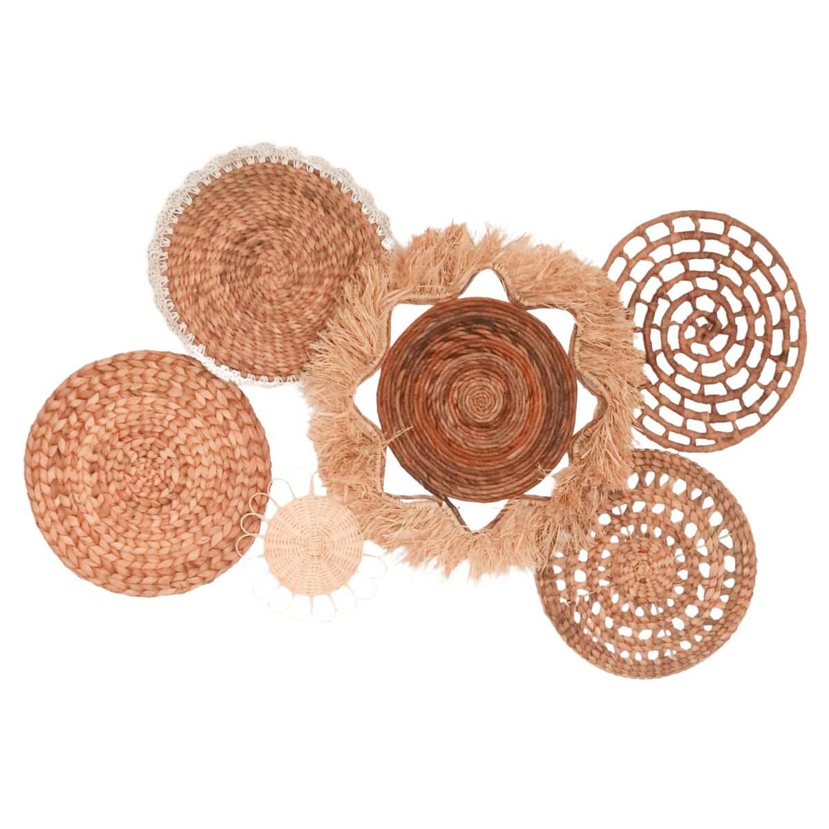 Tropische wanddecoratieset 6 gemengde stukken DALUM Boho Decor Handgeweven van natuurlijke materialen-Soeji-Ik Hout ervan.