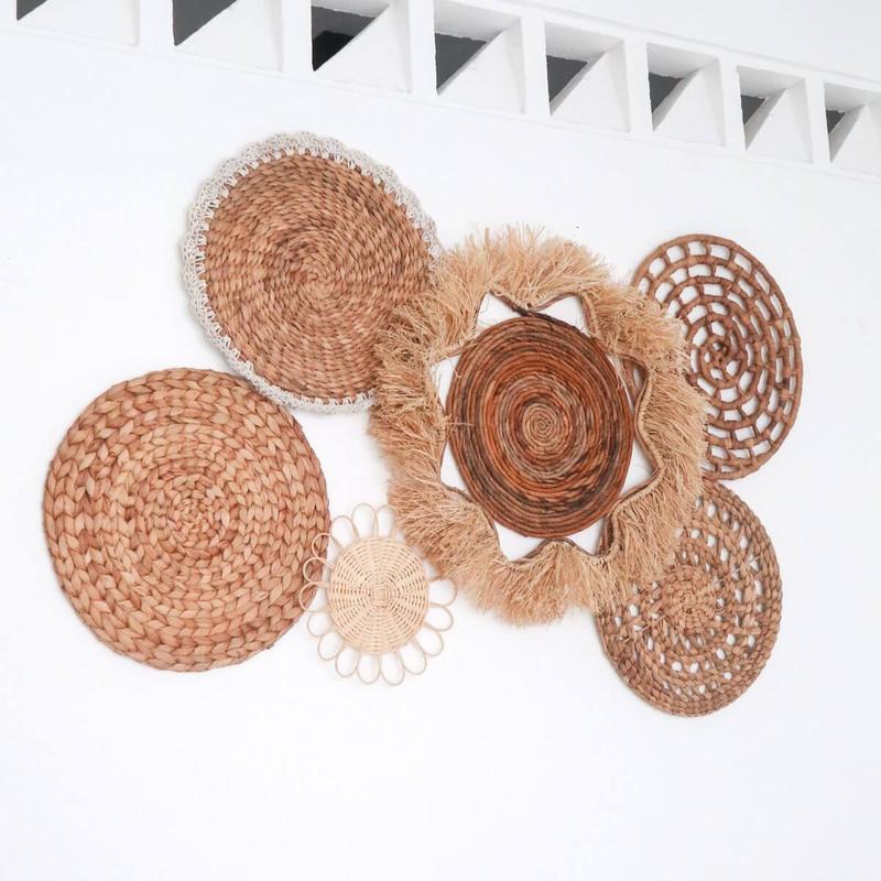 Tropische wanddecoratieset 6 gemengde stukken DALUM Boho Decor Handgeweven van natuurlijke materialen-Soeji-Ik Hout ervan.