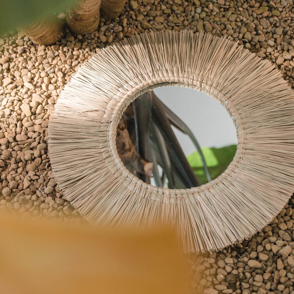 Wandspiegel van Zeegras Rond met 60 cm Diameter RIMBA-Soeji-Ik Hout ervan.