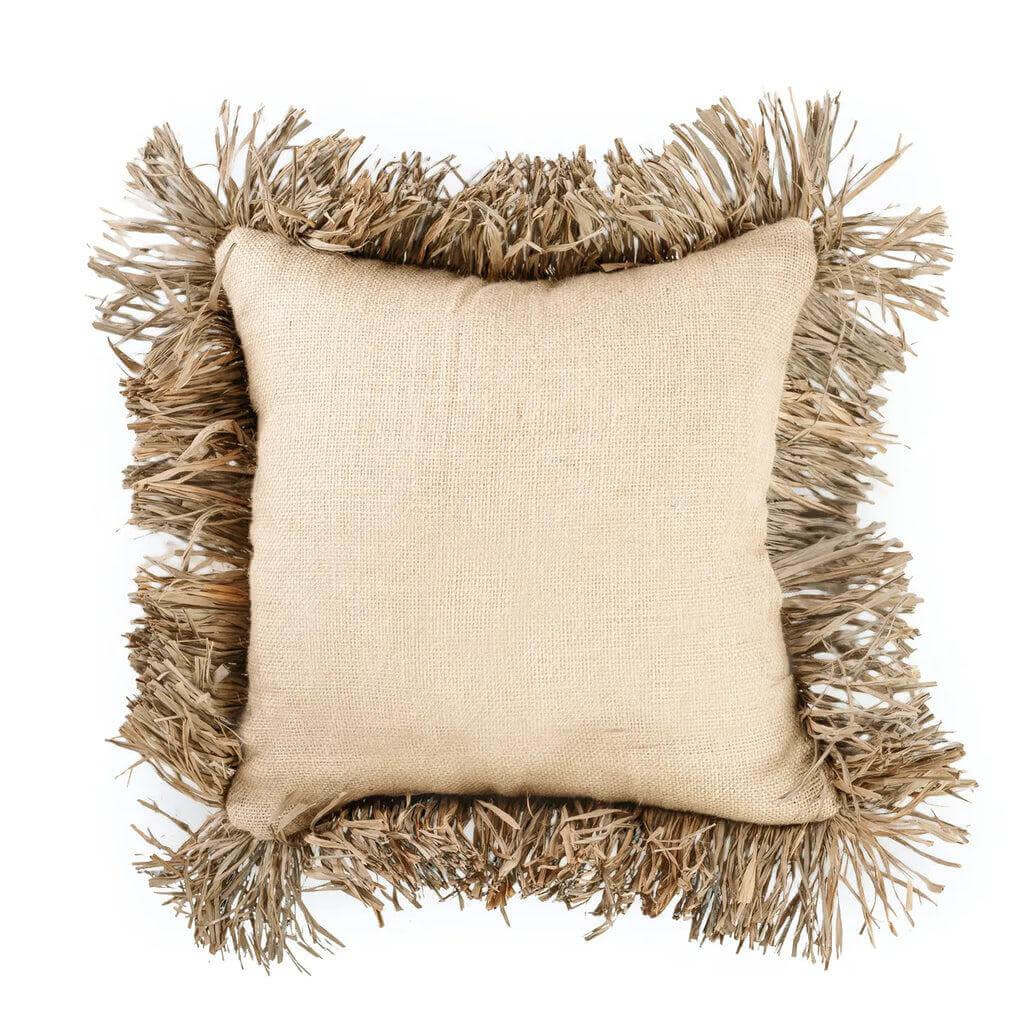 De Jute Bonita kussenhoes in natuurkleur met franjes, 40x40 cm, stijlvol en rustiek woonaccessoire.