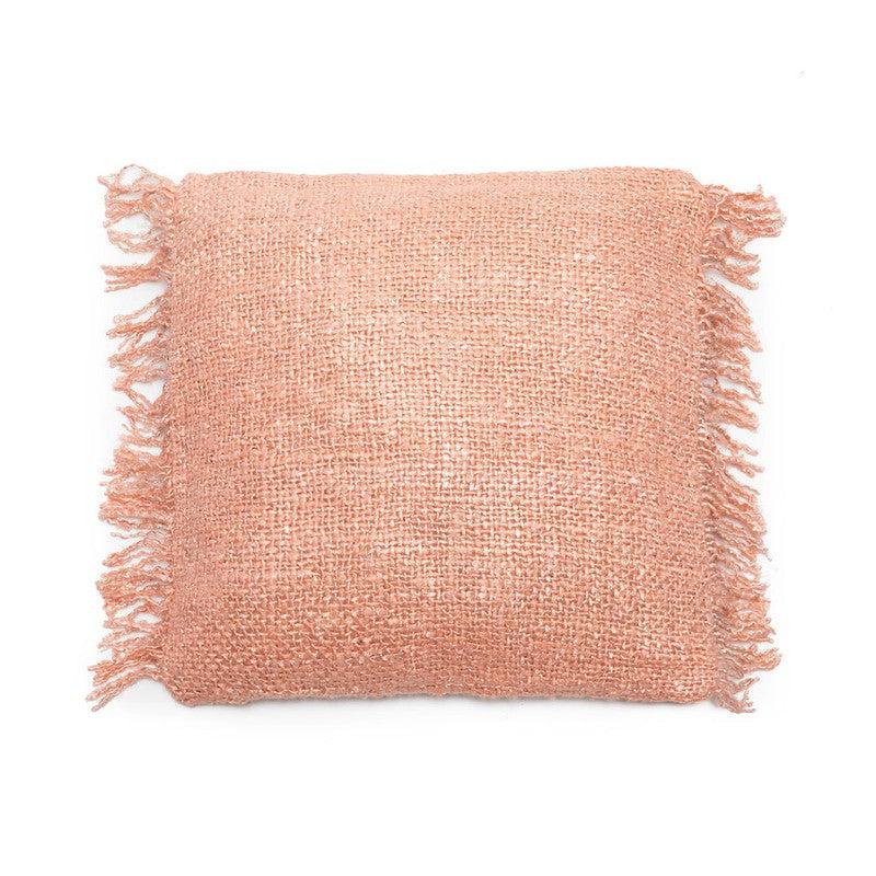 Salmon pink cushion cover with fringe, 40x40 cm, soft cotton, perfect for adding boho charm to home decor. No inner cushion included.