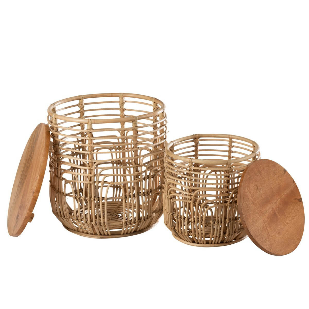 Rotan bijzettafels met houten deksel - natuurlijke, bohemian stijl interieurelementen van J-Line