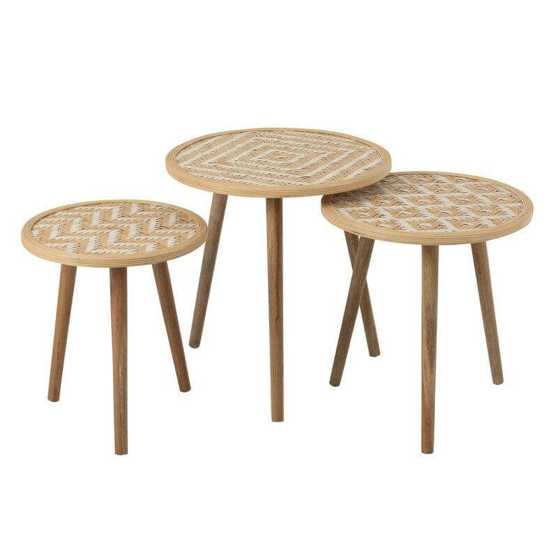 Drie J-Line bijzettafels bamboe/hout patroon in naturel en wit, set voor woonkamer decoratie, unieke vakmanschap meubels.