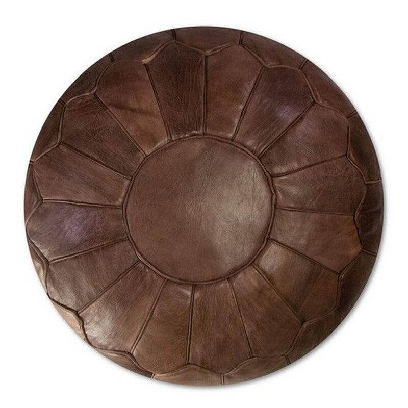 Marokkaanse leren poef XL in chocoladebruin, perfect voor boho interieur en extra zitplaats, gevuld geleverd.