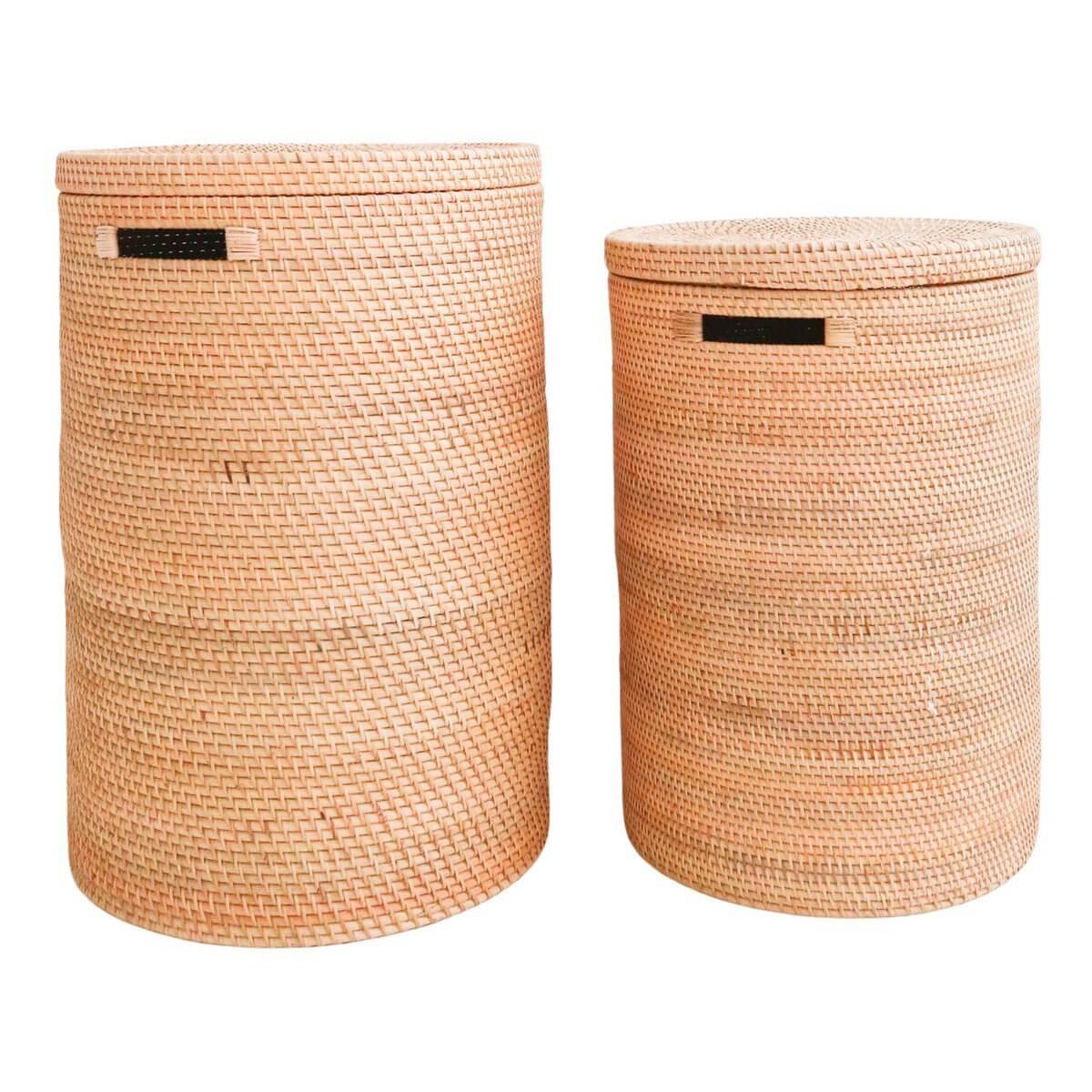 Set van twee rotan opbergmanden SARI met deksel, handgemaakt, stevige wasmanden, plasticvrije verpakking, 35 en 40 cm diameter.