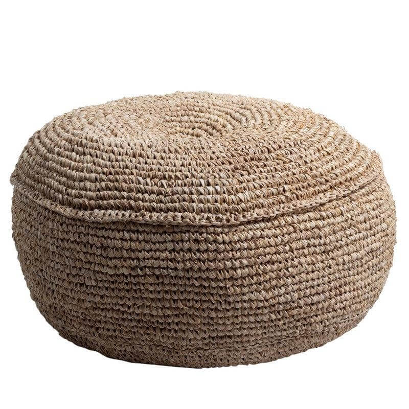 Handgemaakte ronde raffia poef in natuurlijke kleur, 55 of 65 cm diameter, ideaal als zitplaats of voetensteun, fair trade