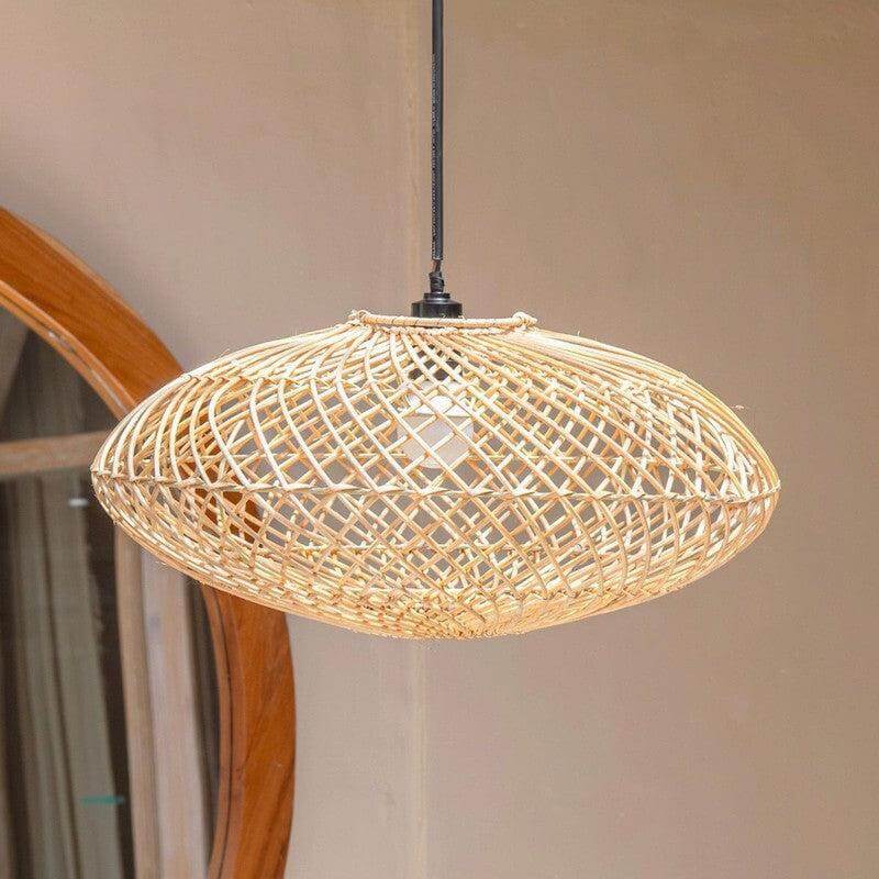 Rotan hanglamp Arana met natuurlijke vezels, boho stijl, handgemaakt, 40 cm doorsnede, 19 cm hoog, serene lichtpatronen