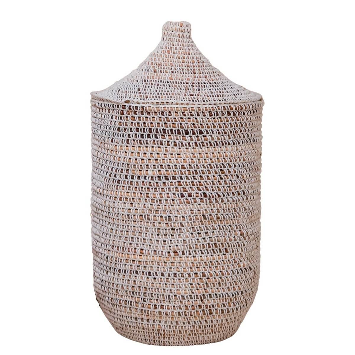 Wasmand met deksel KAJA van bananenvezels, 40 cm diameter, stijlvol en duurzaam, met katoenen patroon, plasticvrij en handgemaakt